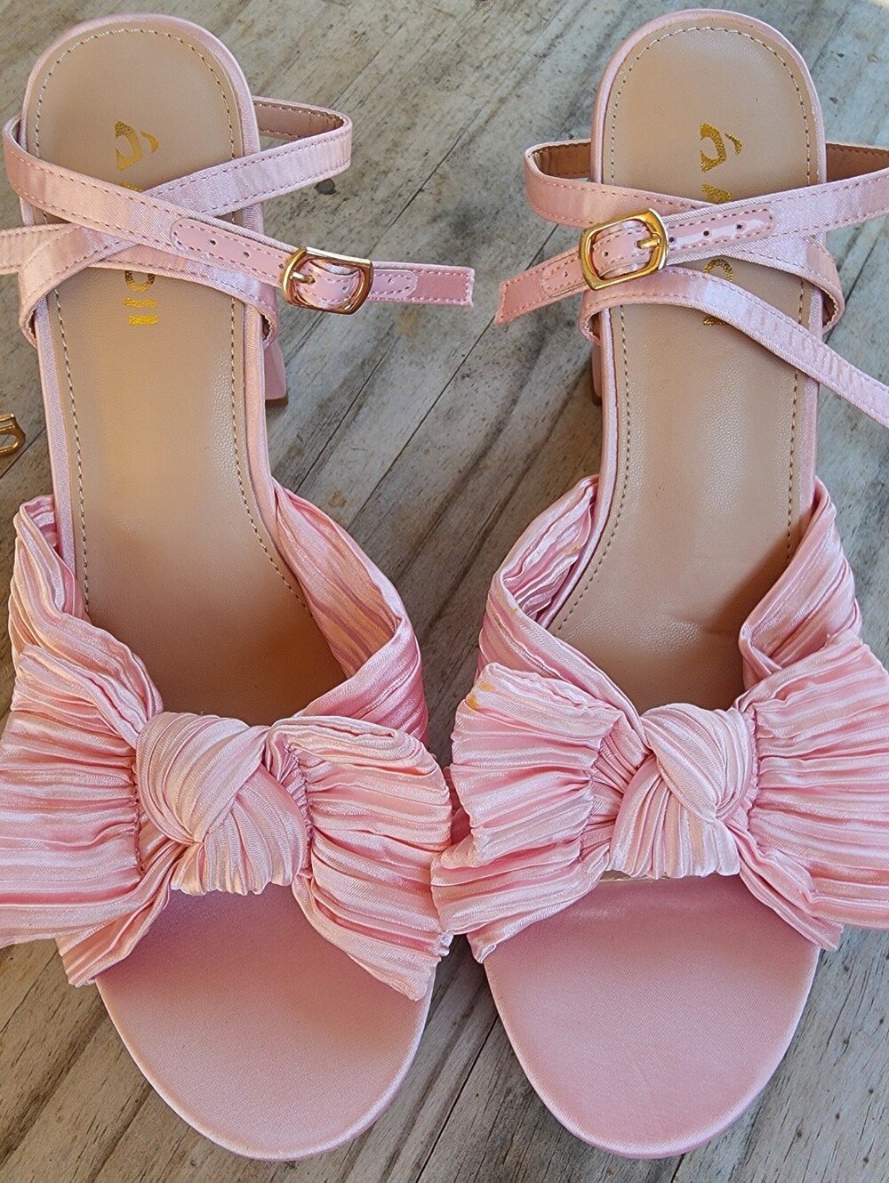 Amoji Pink Pleated Bow Platform Block Heels Size 40 (US Women's 9 / 9.5)